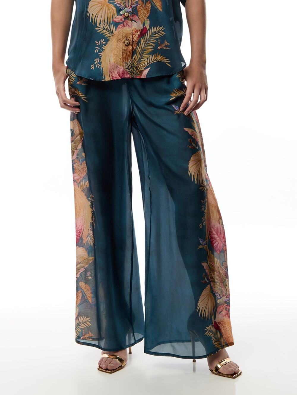 Zimmermann Ascension Silk Wide-Leg Trousers Dark Blue Palm Floral Size 2